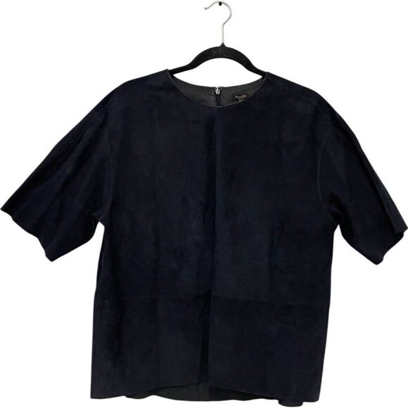 Massimo Dutti Womens Blouse M Short Sleeve Suede Leather Navy Blue 5311/841 NWT - Picture 2 of 10